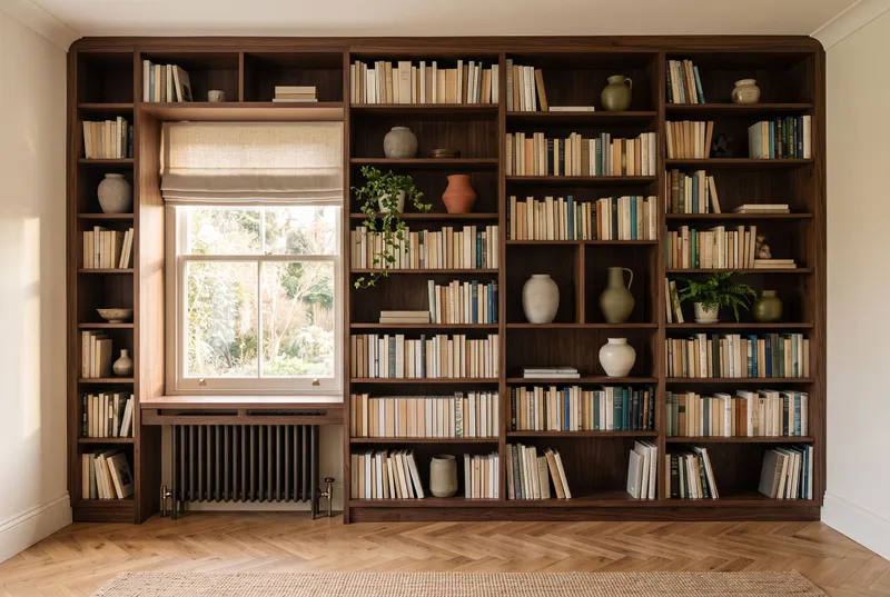 Biblioteczka na całą ścianę salonu na Mokotowie