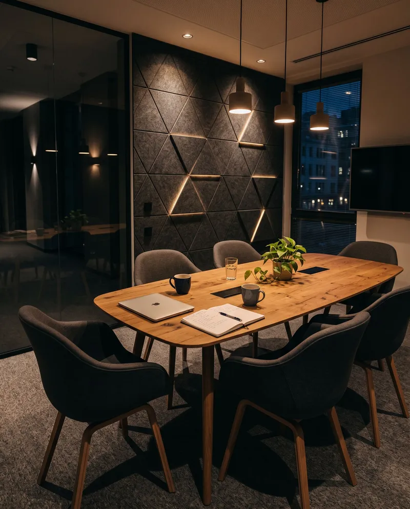 Sala spotkań z filcowymi panelami akustycznymi